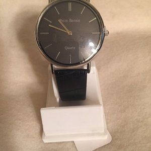 Peire Bernie Silver Tone Watch - Black Leather Band - New